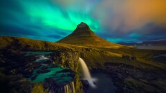 iceland aurorae Mountains landscape waterfall rock Kirkjufell