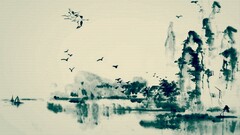 ink Birds Lake cranes (bird) painting water artwork fantasy art