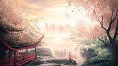 Japanese Garden Japan water cherry trees fantasy art Trees