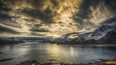 landscape beach Mountains sky clouds Lofoten Islands