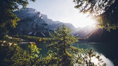 landscape Lake of Braies pine trees Lake nature sunlight