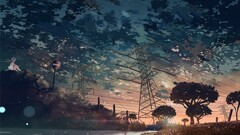landscape power lines signs clouds sunlight Anime nature Trees