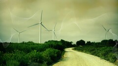 landscape windmill digital art wind farm bushes road