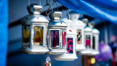 lantern decorations stained glass Lamp macro blue flames blurred