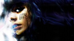 machinae supremacy Women barcode face blue hair model