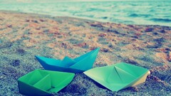 macro paper boats sand beach Sea
