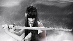 model Women selective coloring fantasy girl long hair sword rain
