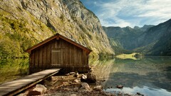 nature landscape reflection hut Mountains water Lake Obersee