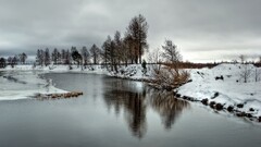 nature river snow frozen lake landscape overcast winter