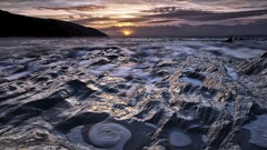 nature Sea sunset long exposure sea foam rocks coast