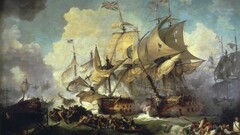 painting battle classic art ship boat clouds british flag