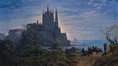 painting carriage horse coast castle dirt road classic art