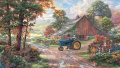 painting farm barns Chickens tractors Flowers dirt road artwork