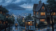 painting San Francisco artwork cityscape USA alcatraz wet street