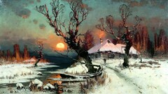 painting snow dead trees stream cottage sun winter classic art