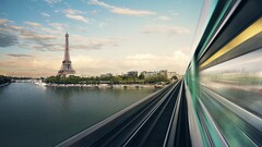 Paris France Eiffel Tower motion blur train river construction