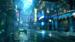 rain cyberpunk artwork night street Dreamfall Chapters neon cyan