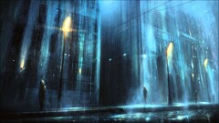 rain lantern street dark depressing fantasy art artwork cyan