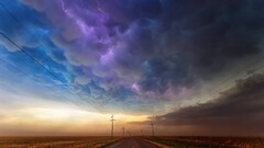 road power lines Lightning clouds utility pole sky purple