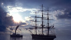 sailing ship sun ship vehicle Sea clouds Birds tug boats