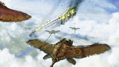 sky Birds bats moths clouds spaceship debris fantasy art Kev-Art