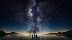 Space Mountains horizon Stars shooting stars Lake hatsune miku