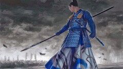 spear samurai battle gray fantasy art