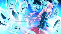 touhou Hata no Kokoro anime girls mask skull pink eyes cyan