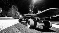 urban skateboard City monochrome night asphalt low-angle