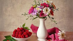 vases raspberries bouquets Flowers fruit food Berries Plants