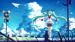 vocaloid hatsune miku anime girls twintails clouds paperplanes