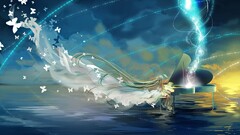 vocaloid hatsune miku butterfly piano Sea swirls long hair windy