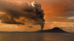 volcano smoke sunset nature landscape water hills Trees eruption