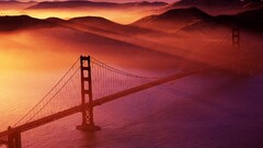 water landscape hills Mountains Bridge Tower Bridge red sun red