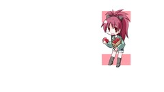 white background Chibi redhead ponytail red eyes apples Anime
