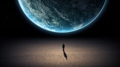 World digital art Earth standing Space fictional shadow
