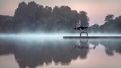 yoga Sports men outdoors water mist Lake Men morning calm pier