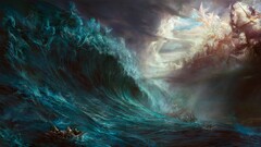 Zeus Poseidon battle ship mythology artwork painting waves horse