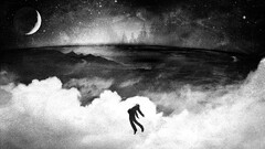 Alex Cherry grunge artwork moon monochrome clouds suits floating