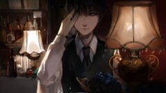 Anime anime boys red eyes one eye closed indoors Lamp tie