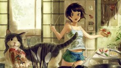 Anime anime girls brunette short hair open mouth Animals cats