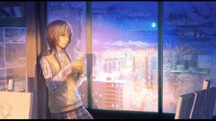 Anime anime girls cityscape cup window ArseniXC