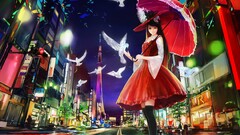 Anime anime girls colorful umbrella Birds City Lights standing