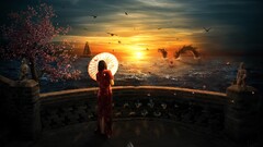 Anime anime girls sky umbrella fantasy art creature Cheongsam