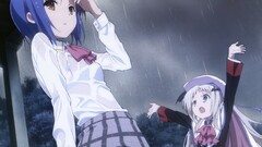 Anime anime girls two women rain blue hair arms up