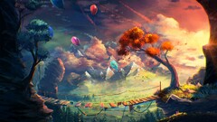 Anime artwork fantasy art Mountains Bridge balloon sylar clouds