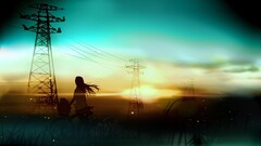 Anime artwork sunset bicycle anime girls fantasy art power lines