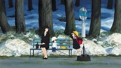 Anime bench sitting outdoors snow winter Trees children