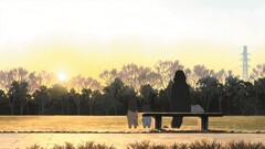 Anime bench sitting Trees sunlight outdoors power lines