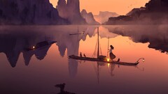 Anime boat water digital art fantasy art Han Yi Jie